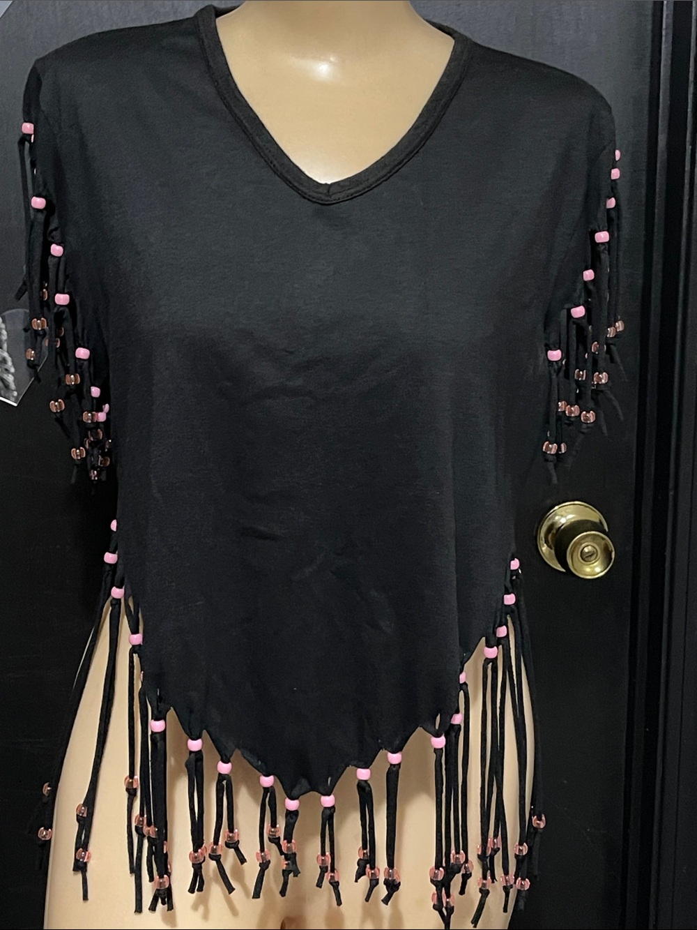Vintage 80’s Black Fringe Women's V-Neck Tee with Pink Bead Accents (M) See Pics